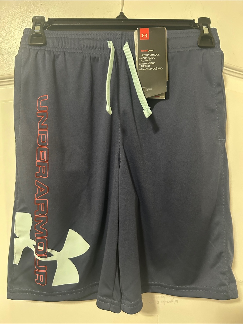 Under Armour blue/grey Athletic Shorts with Light Blue Drawstring and logo